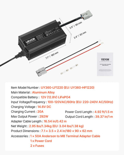 12V 20A litiumbatteriladdare, 14.6V, AC-DC LiFePO4 smart laddare, med Anderson-kontakt, LED-indikator, 0V-aktivering, för litium-LiFePO4-djupcykelladdningsbara batterier för båt, husbil