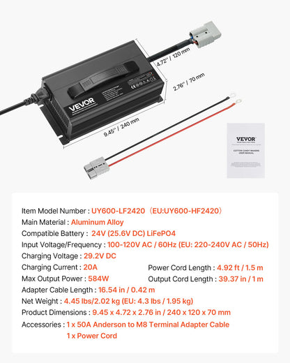 24V 20A litiumbatteriladdare, 29.2V, AC-DC LiFePO4 smart laddare, med Anderson-kontakt, LED-indikator, 0V-aktivering, för litium-LiFePO4-djupcykelladdningsbara batterier för båt, husbil