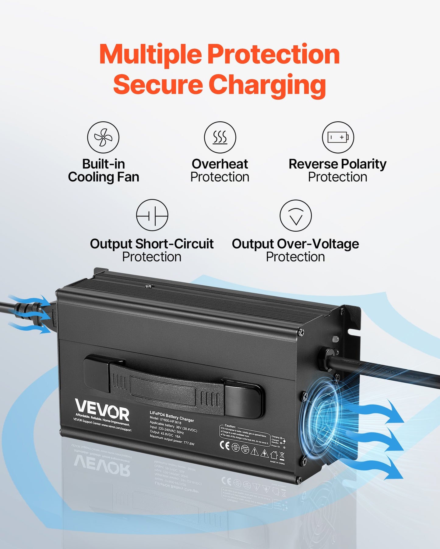 36V 18A Lithium Battery Charger, 43.8V, AC-DC LiFePO4 Smart Charger, with Anderson Connector, LED Indicator, 0V Activation, for Lithium LiFePO4 Deep Cycle Rechargeable Batteries of Boat, RV