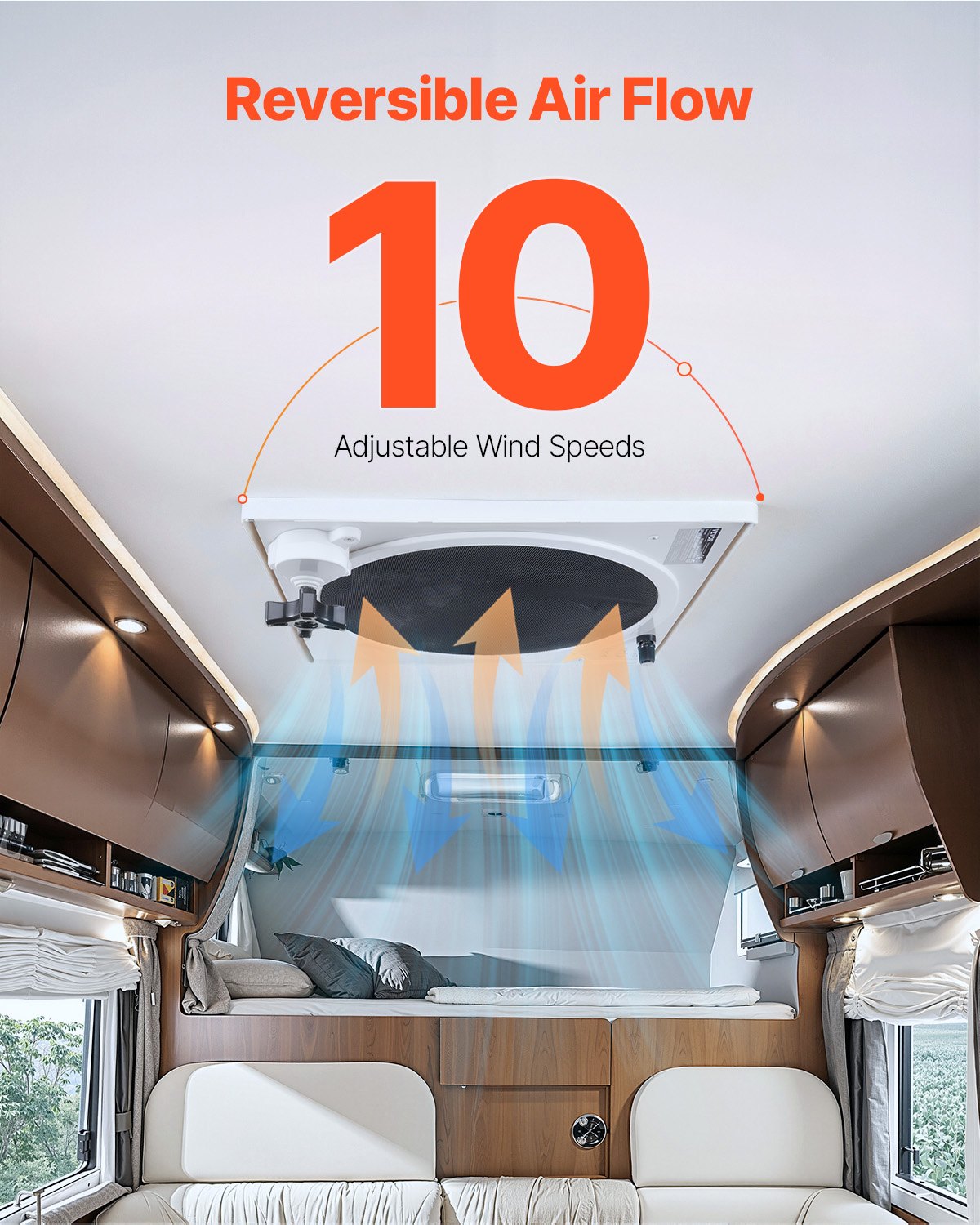 Husbilsfläkt, 14-tums takfläkt för husbil, 12V, kraftfull 10-växlad reversibel fläkt med fjärrkontroll, inbyggd likströmsmotor, kraftfullt topplock, 12-tums fläktblad, passar 14 x 14-tums taköppningar