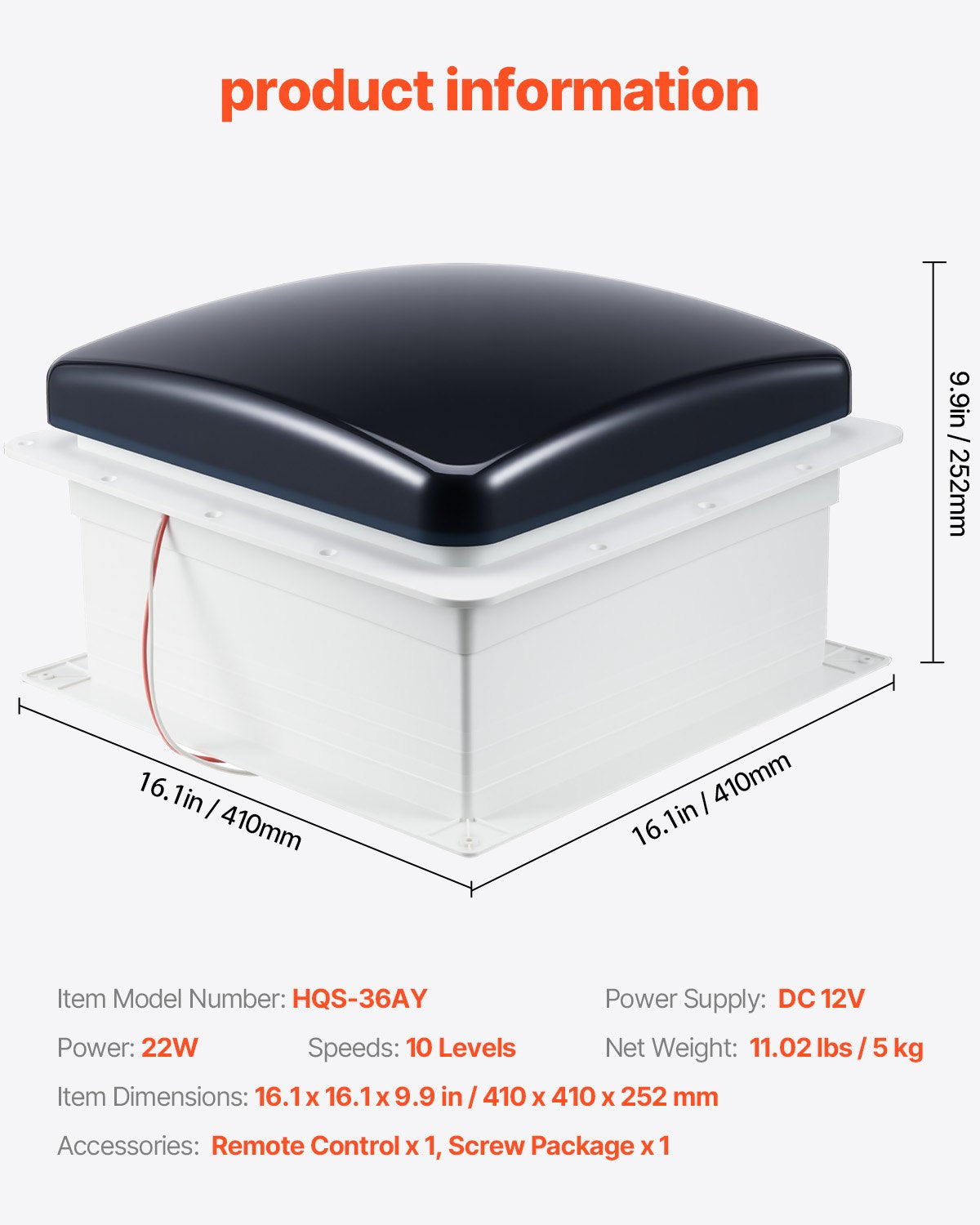 Husbilsfläkt, 14-tums takfläkt för husbil, 12V, kraftfull 10-växlad reversibel fläkt med fjärrkontroll, inbyggd likströmsmotor, kraftfullt topplock, 12-tums fläktblad, passar 14 x 14-tums taköppningar