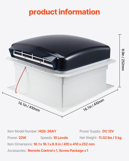 Husbilsfläkt, 14-tums takfläkt för husbil 12V, kraftfull 10-växlad reversibel fläkt med fjärrkontroll, inbyggt regnskydd, elektriskt lock, 12-tums fläktblad, passar 14 x 14-tums taköppningar