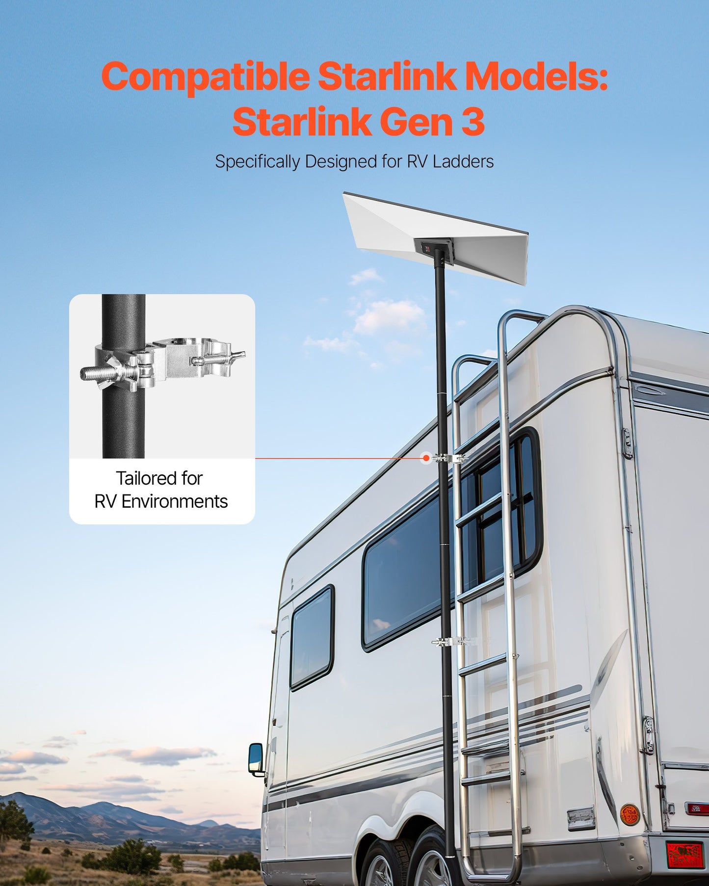 Starlink RV-stegefäste, 360° justerbar vinkelmontering Standard Gen 3-rörsats, kraftig stålmontering med extra lång Starlink RV-stegeadapter, kompatibel med Gen3 och V3, enkel att montera, svart