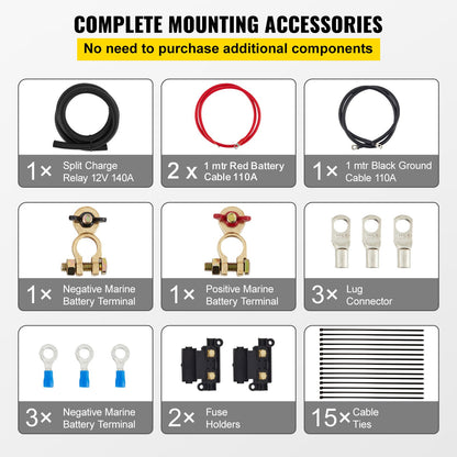 Reläsats för delad laddning, 2 m 12 V, automatisk dubbel batterifrånskiljare med 140 A spänningsavkänningsrelä VSR, kompatibel med husbil, marin, bil, fordon, lastbil, husvagn, campingbil, yacht, ATV, UTV, båtar, verkstad
