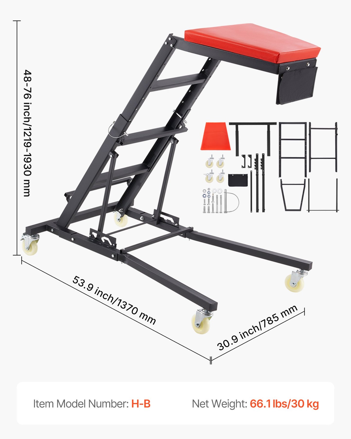 Krypvagn för fordonsmontering, med justerbar höjd 1219-1930 mm, 400 LBS kapacitet hög krypvagn, 4 svängbara hjul, kraftig krypvagn för bilreparation och underhåll