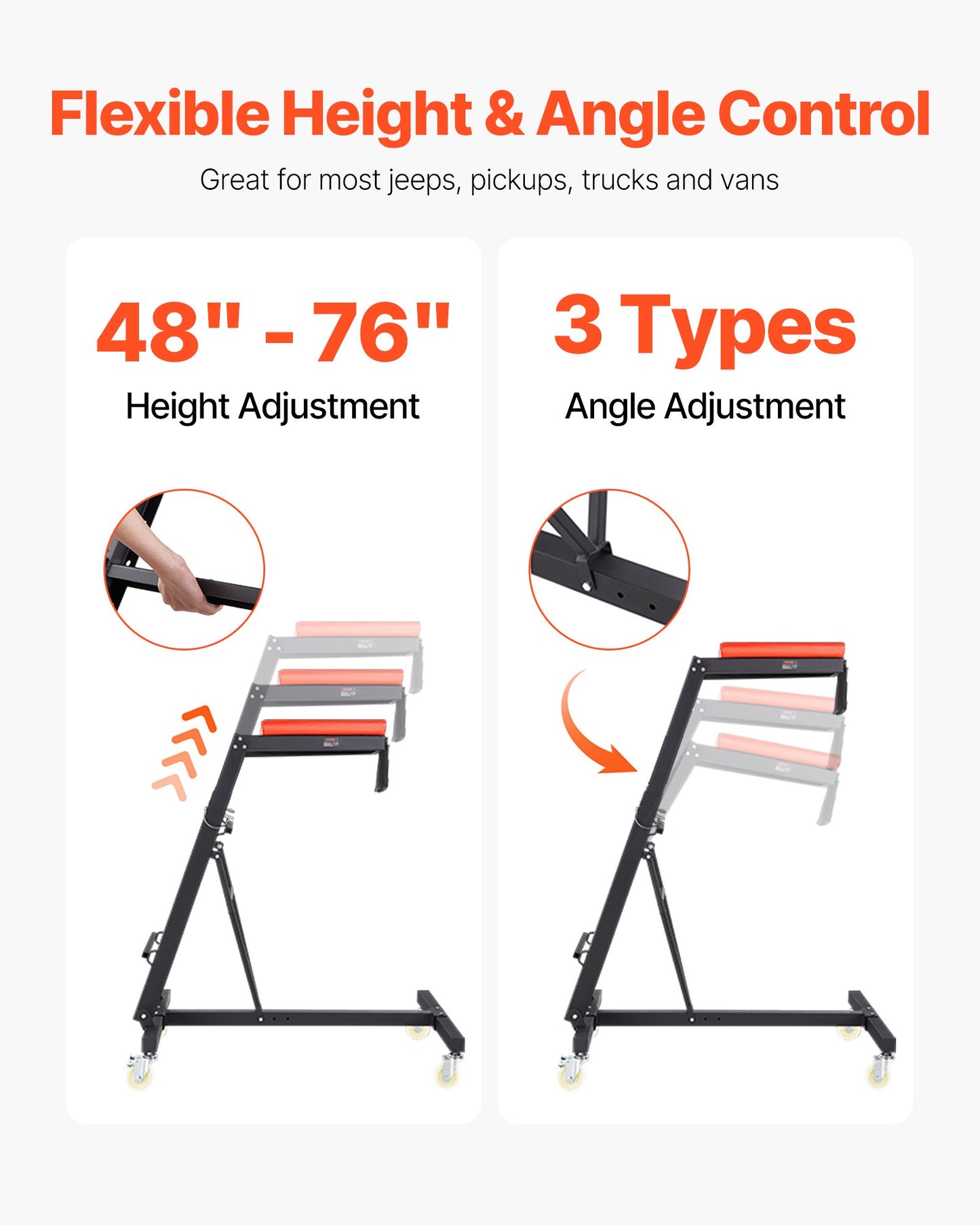 Krypväxel för bilar, med justerbar höjd 129 cm till 240 cm, kapacitet 180 kg, hög krypväxel, 4 svängbara hjul, kraftig krypväxel för bilreparationer och underhåll