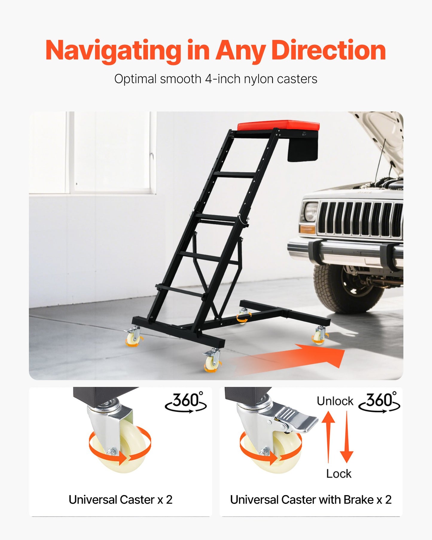 Krypväxel för bilar, med justerbar höjd 129 cm till 240 cm, kapacitet 180 kg, hög krypväxel, 4 svängbara hjul, kraftig krypväxel för bilreparationer och underhåll