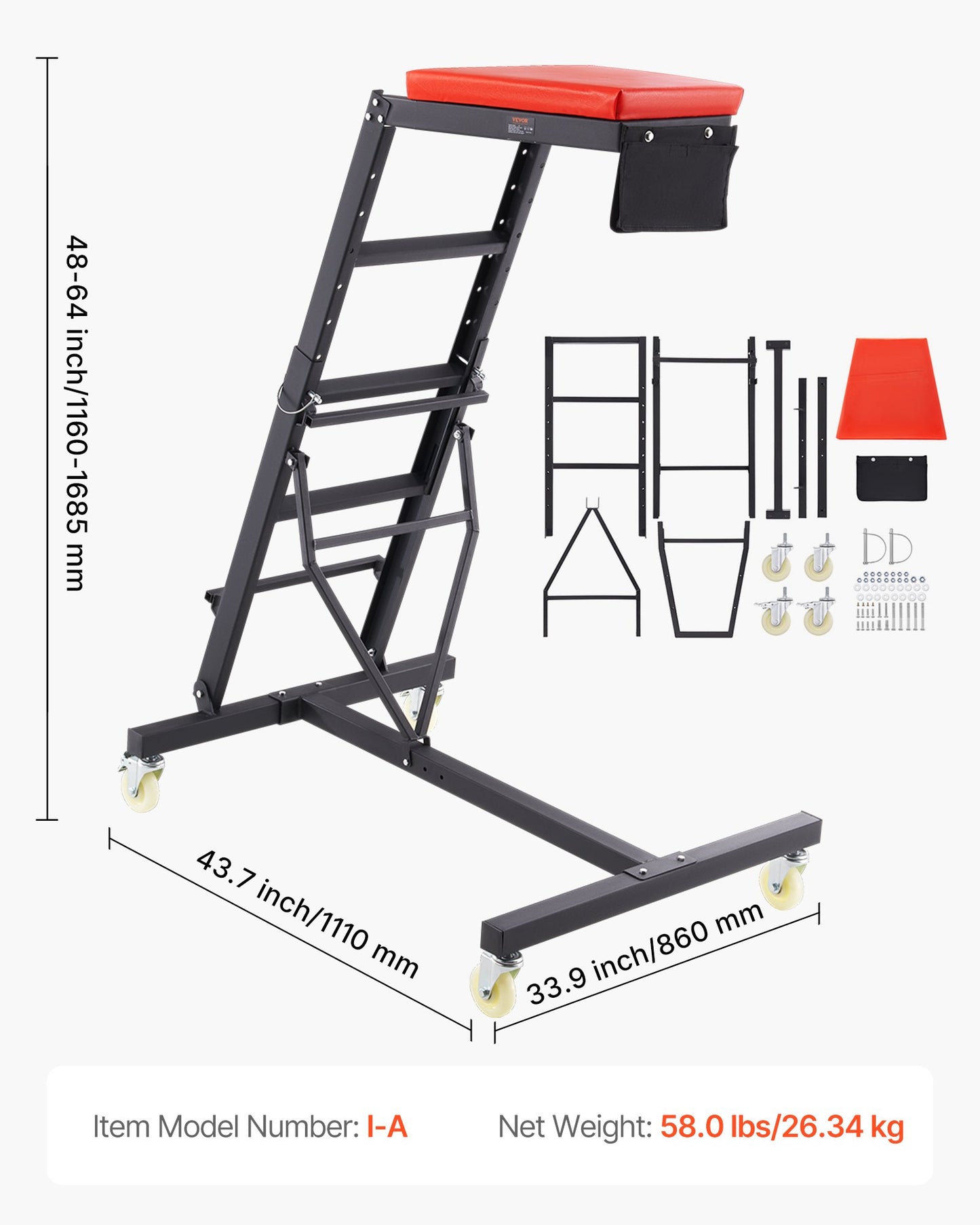 Krypväxel för bilar, krypväxel för motor med justerbar höjd 114 till 170 cm, kapacitet 180 kg, hög krypväxel, 4 svängbara hjul, kraftig krypväxel för bilreparation och underhåll