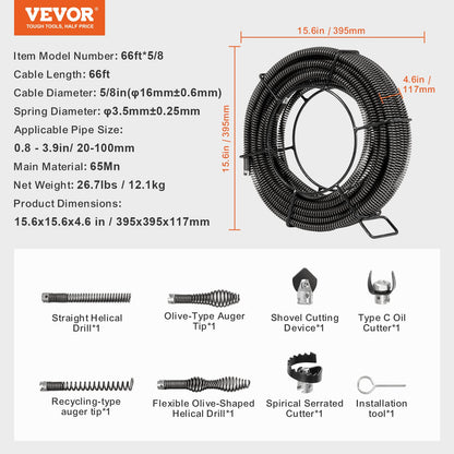 Sektionskabel för avloppsrensning 66FT/20.1 mx 5/8In/1.6 cm &amp; 7 avbitartänger för rör 0.8"-3.9"/2-10 cm
