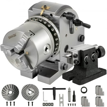 Delningshuvud 4-tums indexeringshuvud Fräsning 100 mm semiuniversellt delningshuvud 4-tums 3-backschuck Delningshuvudsats med indexplattor och dubbdocka för precisionsrundbord