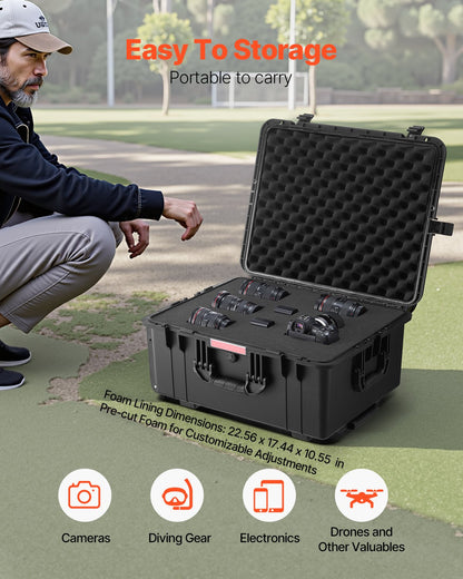 3,5 kubikfot väderbeständigt hårt fodral, vattentätt hårt fodral med rullande hjul och infällbart draghandtag, IP67 vattentätt skyddsfodral med klämmor, hänglåshål och skuminsats, svart (stor)