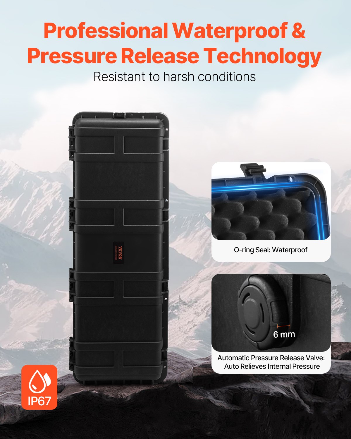 5,5 kubikfot väderbeständigt hårt fodral, vattentätt hårt fodral med stor kapacitet och 3 handtag, IP67 vattentätt skyddsfodral med 6 klämmor, 6 hänglåshål och skuminlägg för stor utrustning, svart