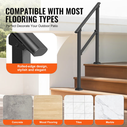 Ledstänger för utomhustrappor, Ledstänger för 2-3 steg, Övergångsräcken i kolstål med installationssats, Trappräcken för seniorer, Betongtrappor, veranda och altan, Svart fyrkantigt rör