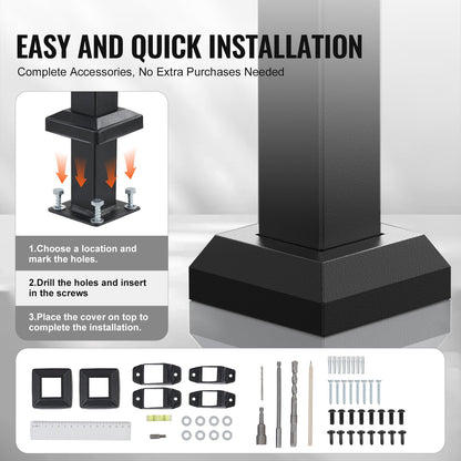 Ledstänger för utomhustrappor, Ledstänger för 4-5 steg, Övergångsräcken i kolstål med installationssats, Trappräcken för seniorer, Betongtrappor, veranda och altan, Svart fyrkantigt rör