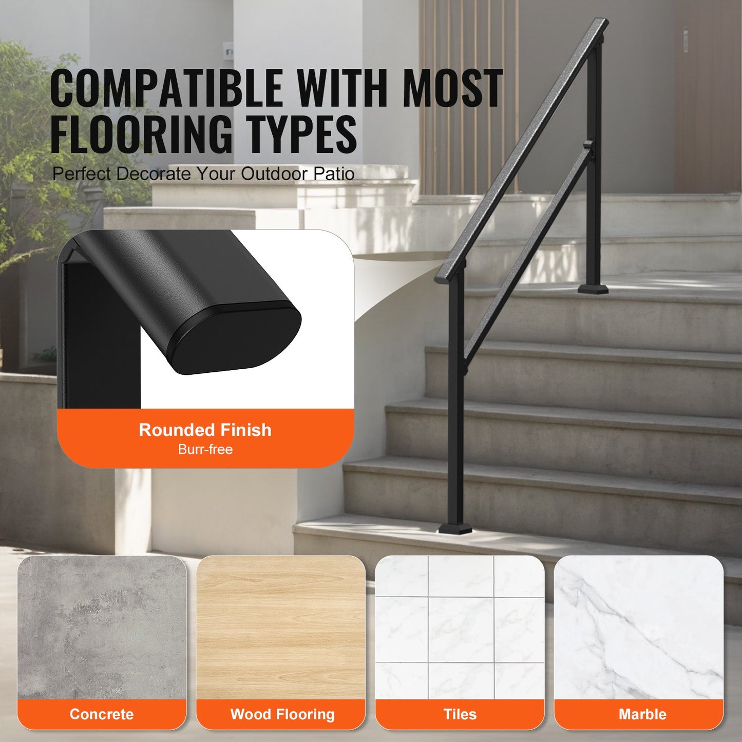 Ledstänger för utomhustrappor, Ledstänger för 4-5 steg, Övergångsräcken i kolstål med installationssats, Trappräcken för seniorer, Betongtrappor, veranda och altan, Svart fyrkantigt rör