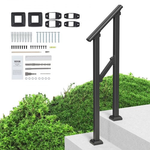 Ledstänger för utomhustrappor, Ledstänger för 1–2 steg, Övergångsräcken i kolstål med installationssats, Trappräcken för seniorer, Betongtrappor, veranda och altan, Svart fyrkantigt rör