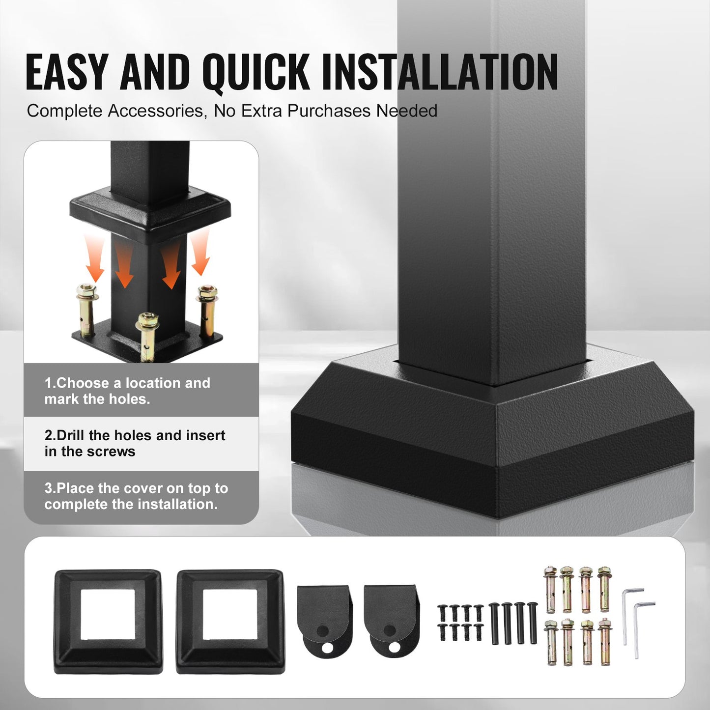 Utomhusräcken för trappor, Trappräckessats för 4–5 steg, Svart fyrkantigt rör med horisontell stång, Stödräcken i kolstål för seniorer, Betong- och altantrappor, Enkel installation