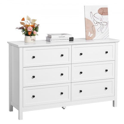 6 Drawer Dresser, Wooden Chest of Drawers with Sliding and Anti-tip Device, Retro Minimalist Dresser Chest, Closet Storage TV Stand Organizer for Living Room, Hallway, Bedroom, Entryway, White