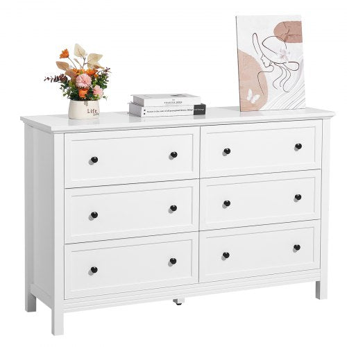 6 Drawer Dresser, Wooden Chest of Drawers with Sliding and Anti-tip Device, Retro Minimalist Dresser Chest, Closet Storage TV Stand Organizer for Living Room, Hallway, Bedroom, Entryway, White