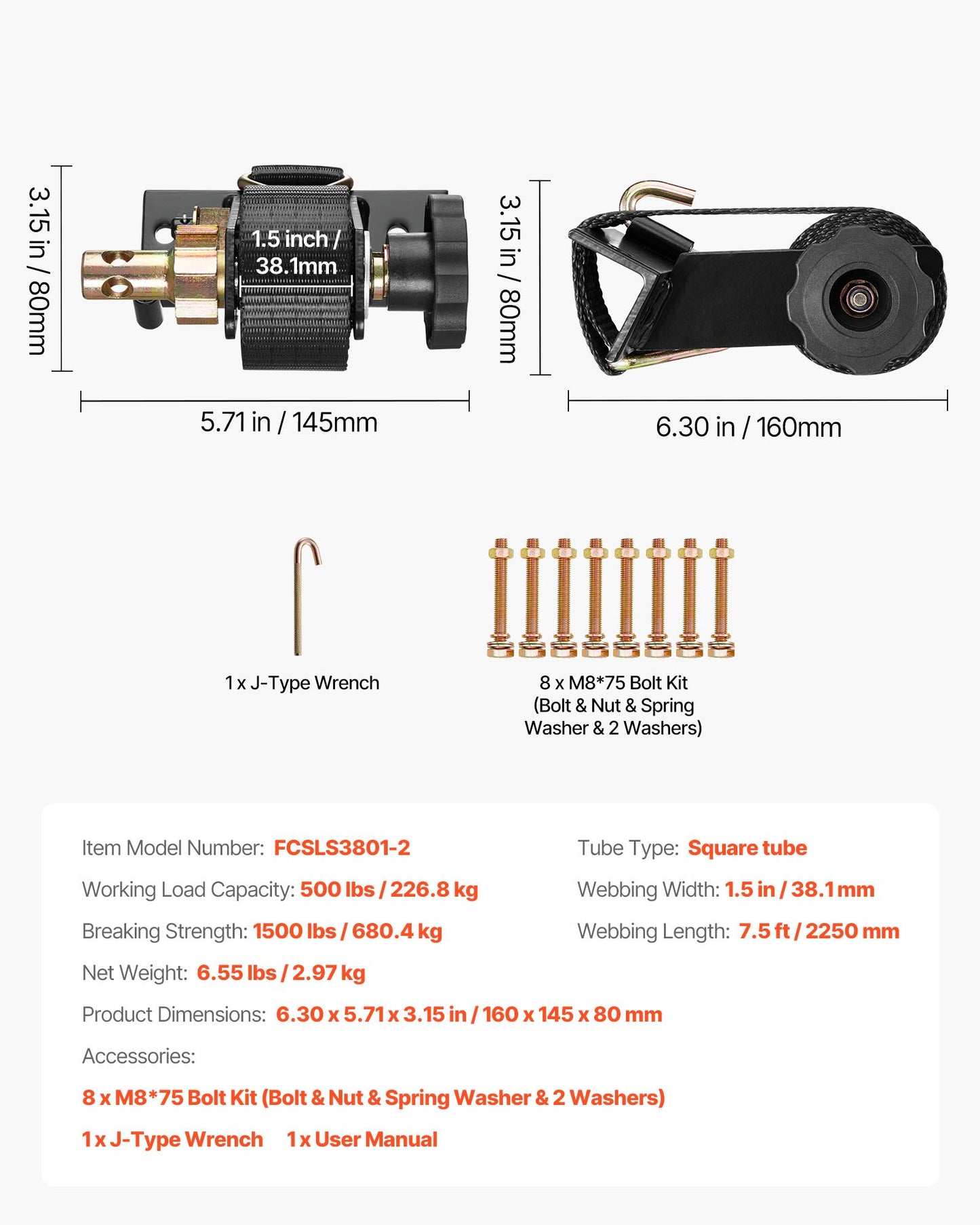 Ladder Rack Ratchet Straps, Black Square Tube Mount, 38 mm Wide x 2.25 m Long Black Ladder Rack Straps with Double J-Hooks, 226.8 kg Load Heavy Duty, Cargo Buckle Lock Strap (2 Pack)
