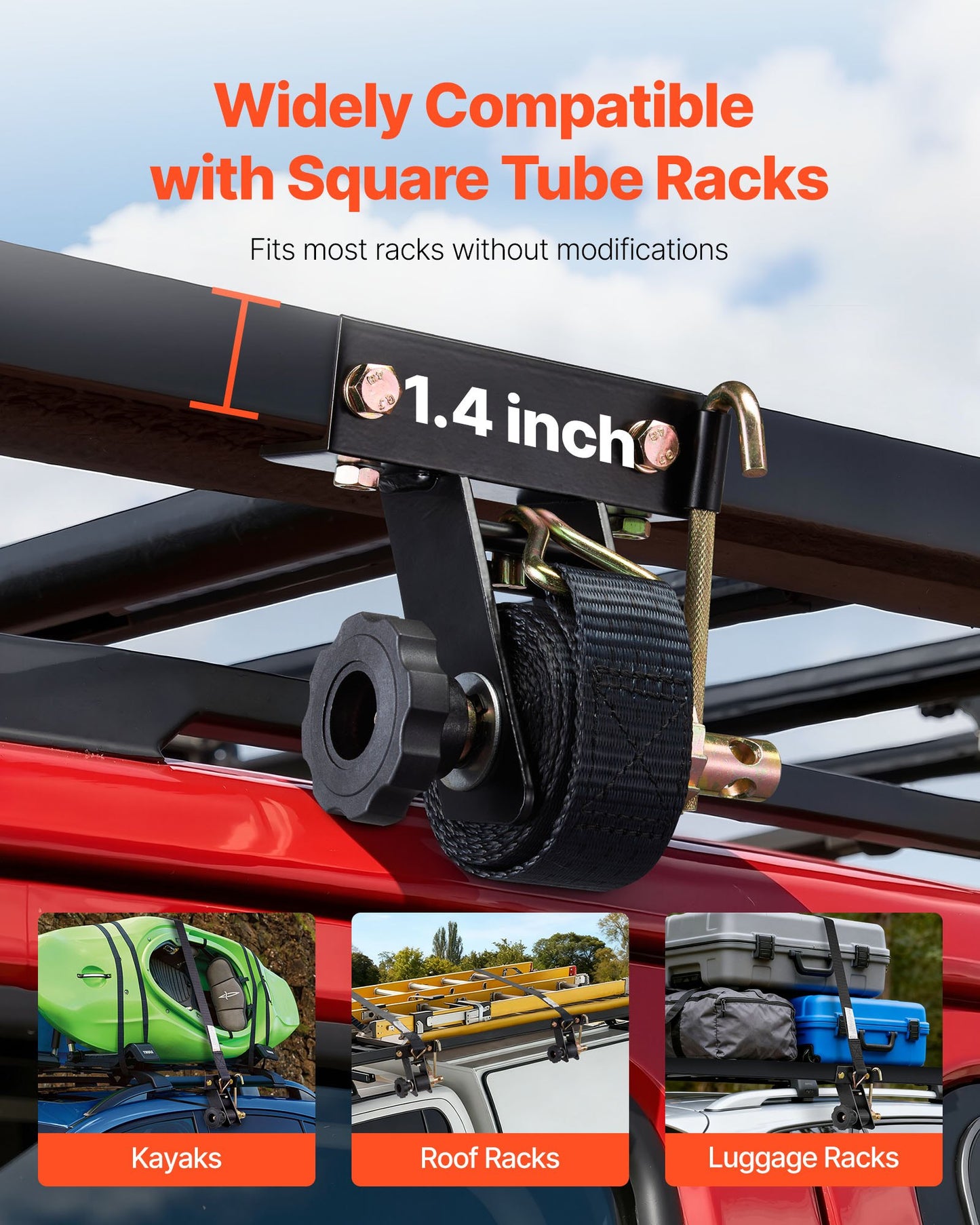 Ladder Rack Ratchet Straps, Black Square Tube Mount, 38 mm Wide x 2.25 m Long Black Ladder Rack Straps with Double J-Hooks, 226.8 kg Load Heavy Duty, Cargo Buckle Lock Strap (8 Pack)