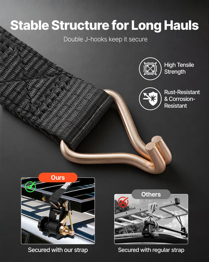 Ladder Rack Ratchet Straps, Black Square Tube Mount, 38 mm Wide x 2.25 m Long Black Ladder Rack Straps with Double J-Hooks, 226.8 kg Load Heavy Duty, Cargo Buckle Lock Strap (8 Pack)