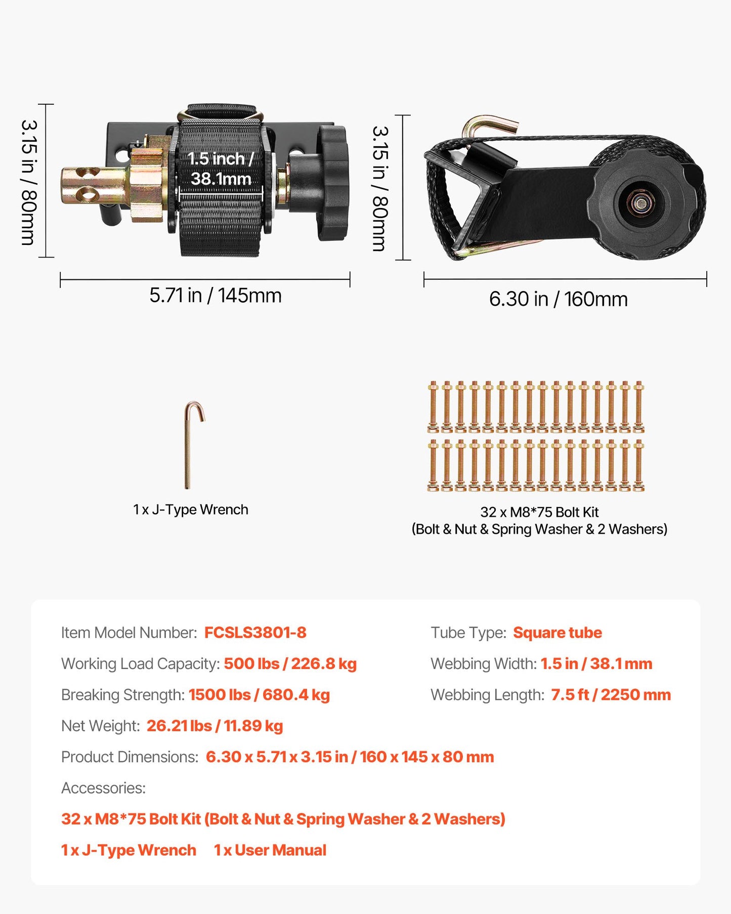 Ladder Rack Ratchet Straps, Black Square Tube Mount, 38 mm Wide x 2.25 m Long Black Ladder Rack Straps with Double J-Hooks, 226.8 kg Load Heavy Duty, Cargo Buckle Lock Strap (8 Pack)