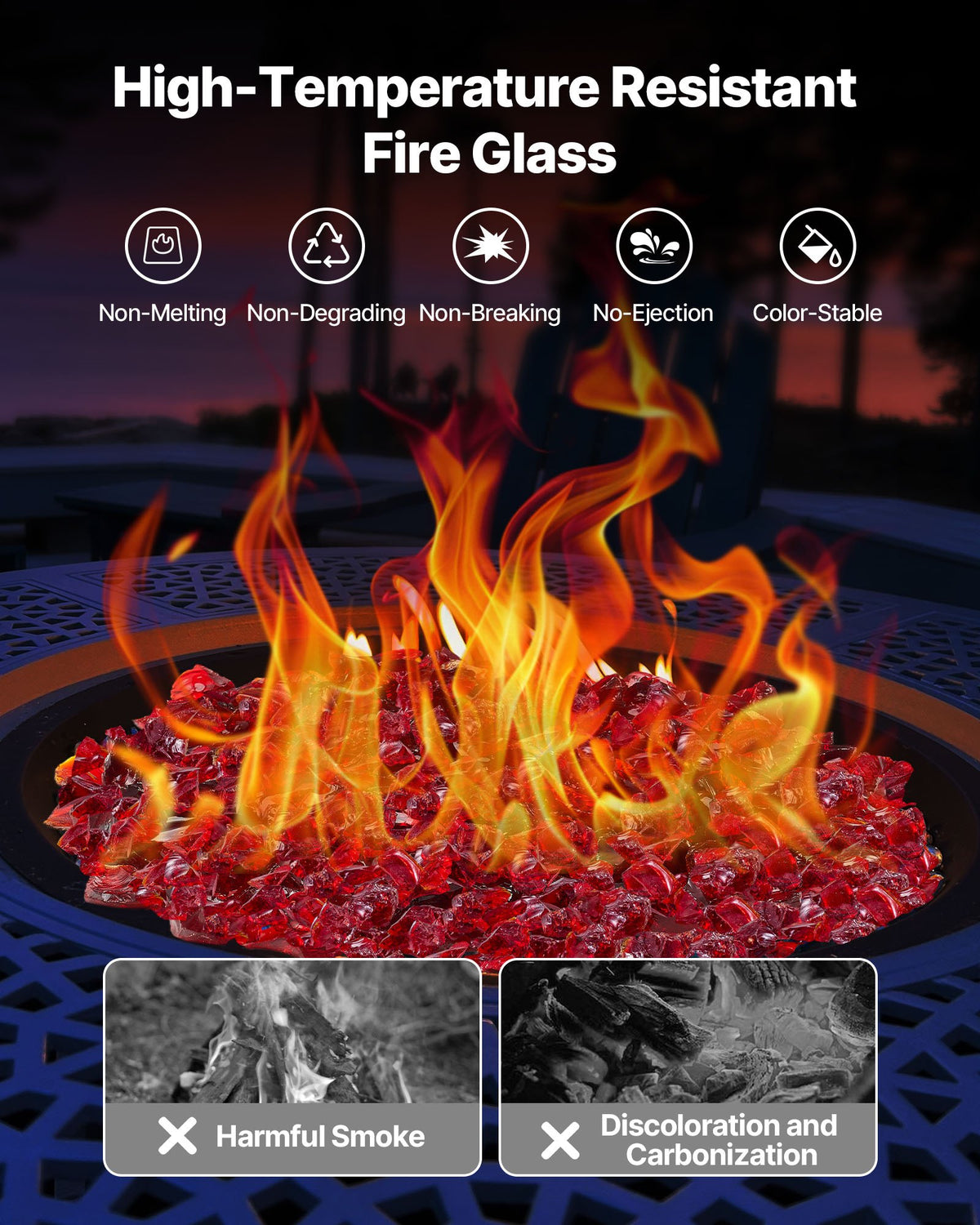 Fire Glass, 10 LBS / 4.5 KG Smokeless & High-Temperature Resistant Fireplace Rocks, 3/4-Inch / 19.05 mm Reflective Firepit Glass Rock, High Luster Stone Landscaping for Fire Pit Table, Red