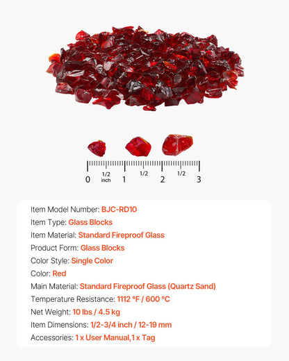 Fire Glass, 10 LBS / 4.5 KG Smokeless & High-Temperature Resistant Fireplace Rocks, 3/4-Inch / 19.05 mm Reflective Firepit Glass Rock, High Luster Stone Landscaping for Fire Pit Table, Red