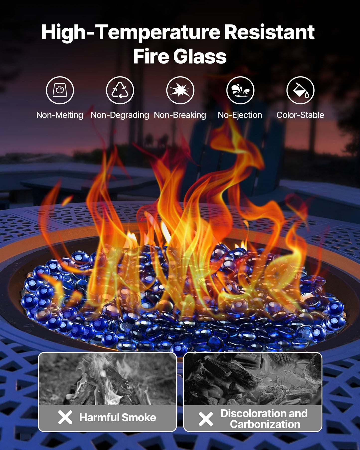 Fire Glass, 10LBS/4.5KG High-Temperature Resistant Fireplace Rocks, 3/4-Inch / 19.05 mm Reflective & Smokeless Firepit Glass Beads, High Luster Stone Landscaping for Fire Pit Table, Cobalt Blue