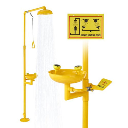 Nöddusch för ögonspolning, 870x400x2330 mm Kombination av ögonspolning och dusch i 304 rostfritt stål, OSHA-godkänd första hjälpen-ögonspolningsstation, för skolor, laboratorier, fabriker, gul