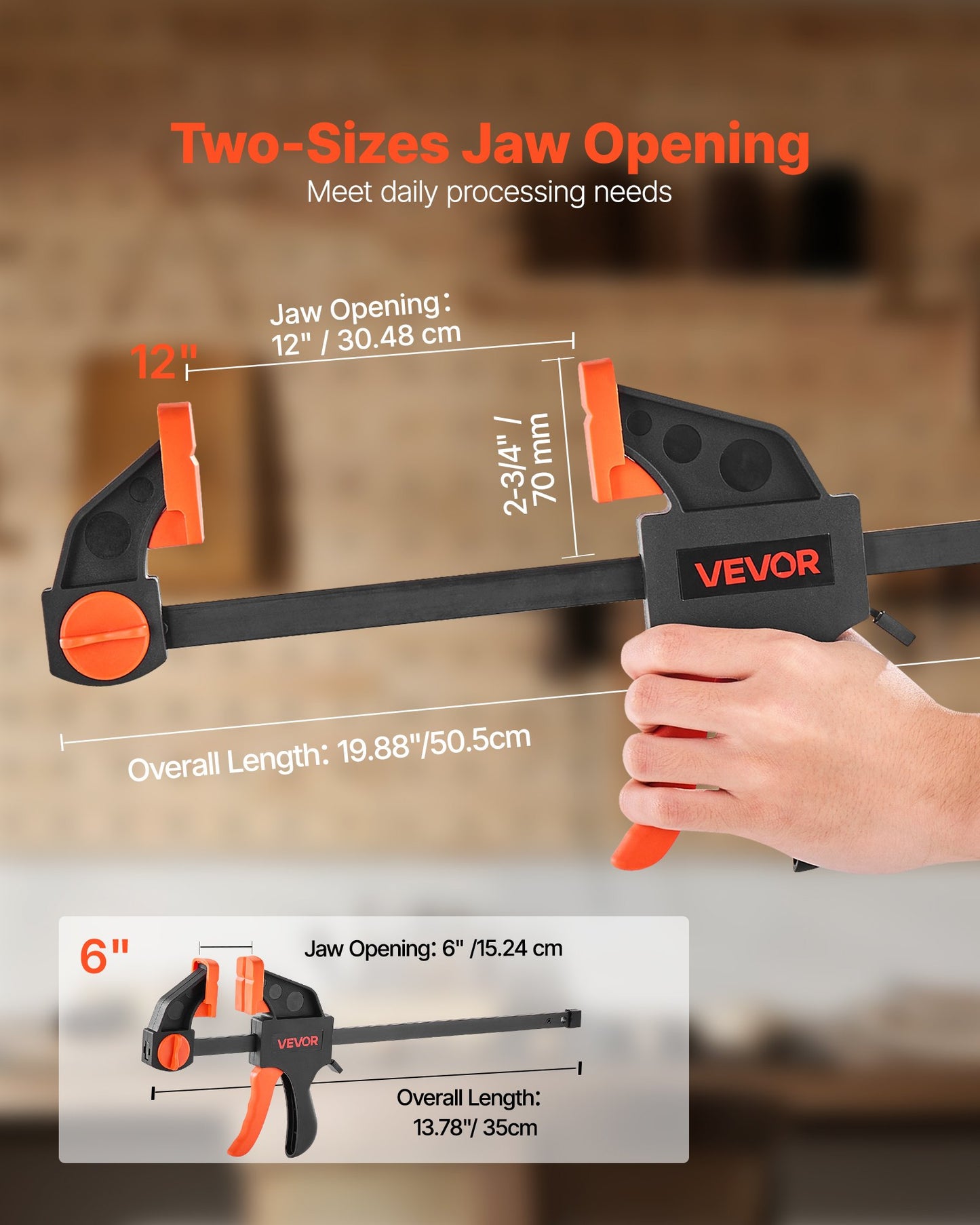 Träbearbetningsklämmor, 2-pack 30,48 cm och 2-pack 15,24 cm, enhandsklämma/spridare, snabbgrepps-F-klämma med 70 kg belastningsgräns, premiumplast och stål, för träbearbetning och metallbearbetning
