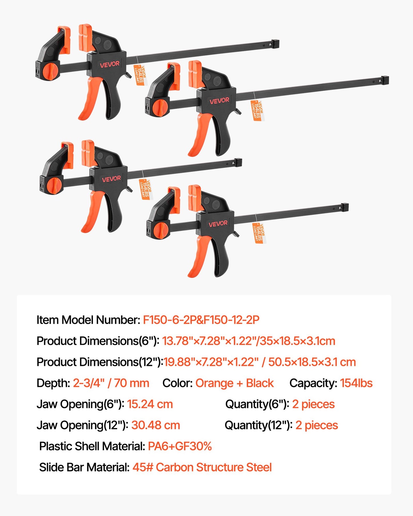 Träbearbetningsklämmor, 2-pack 30,48 cm och 2-pack 15,24 cm, enhandsklämma/spridare, snabbgrepps-F-klämma med 70 kg belastningsgräns, premiumplast och stål, för träbearbetning och metallbearbetning