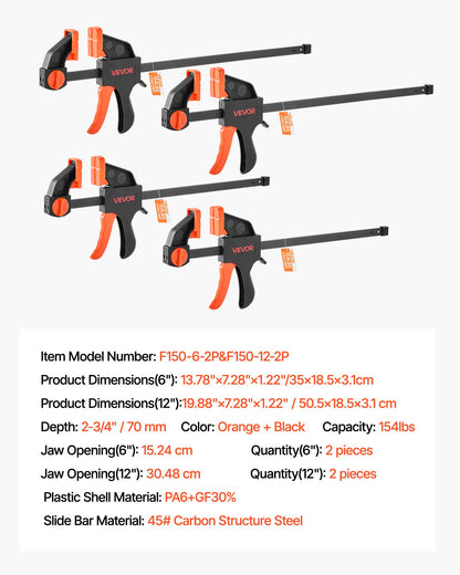 Träbearbetningsklämmor, 2-pack 30,48 cm och 2-pack 15,24 cm, enhandsklämma/spridare, snabbgrepps-F-klämma med 70 kg belastningsgräns, premiumplast och stål, för träbearbetning och metallbearbetning