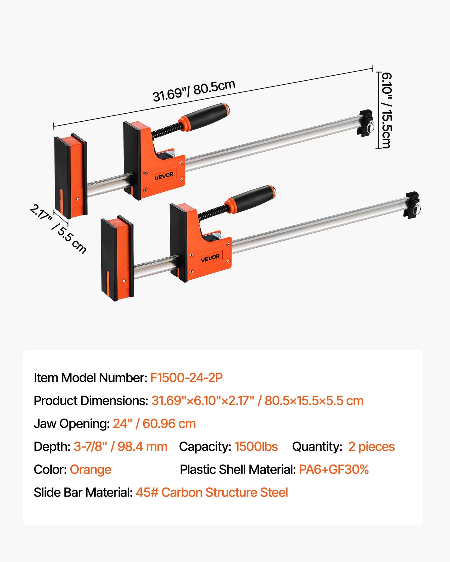 Stångklämmor för träbearbetning, 2-pack 60,96 cm parallellklämmset, F-klämma med 680 kg lastgräns, jämnt tryck, höghållfast plast och kolstål, för träbearbetning och metallbearbetning, orange