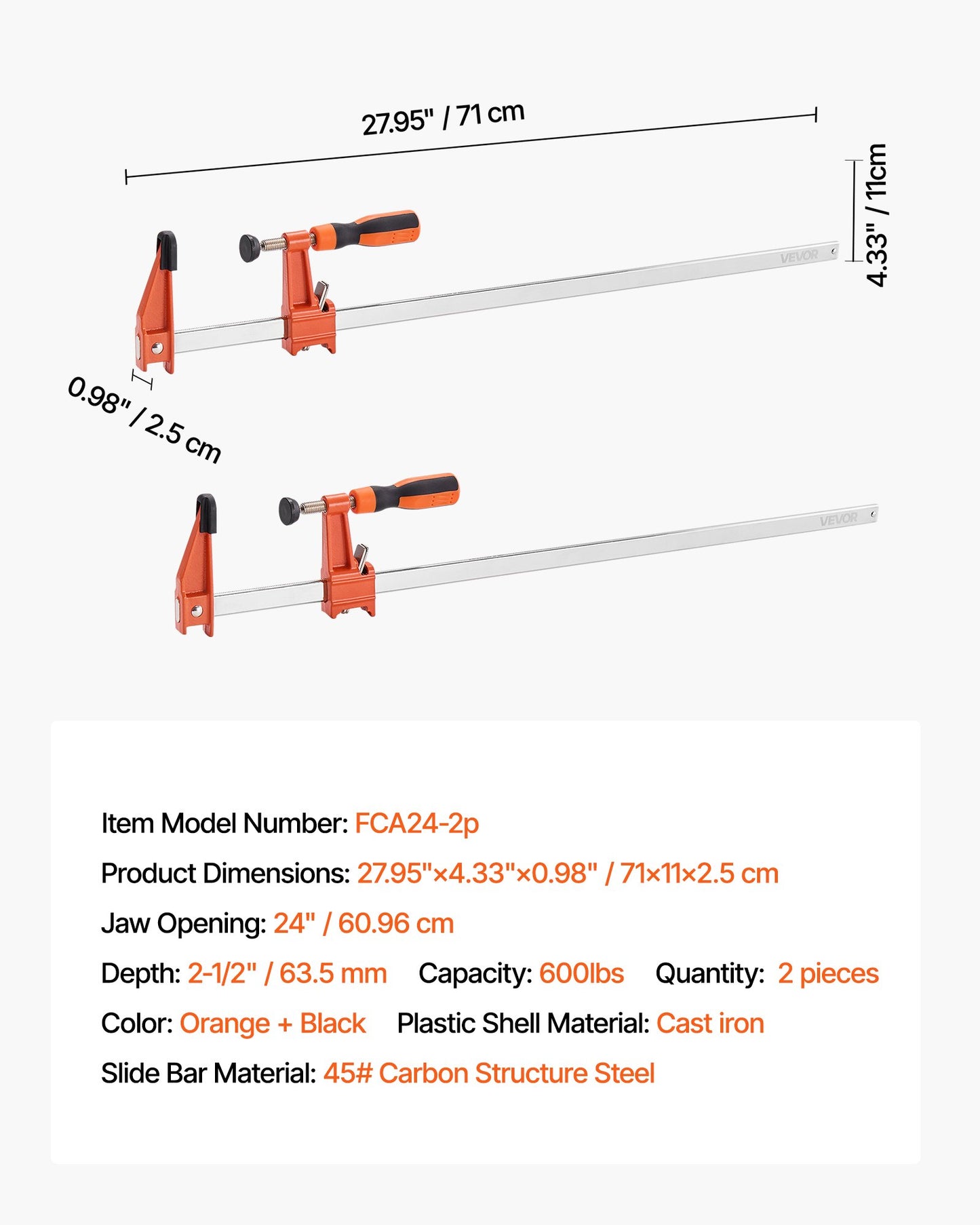 Träklämmor för träbearbetning, 2-pack 61 cm öppning, Låsbar F-klämma med 272 kg lastgräns, 63,5 mm djup, Gjutjärn och kolstål, Lättanvända, Träklämmor för träbearbetning och metallbearbetning