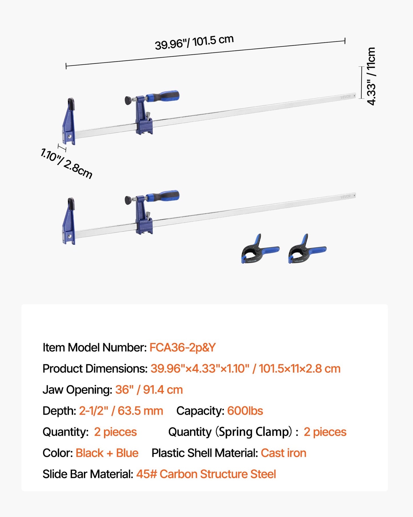 Träklämmor, 2-pack, 91,4 cm öppning, låsbar F-klämma med 272 kg lastgräns, 63,5 mm djup, gjutjärn och kolstål, lättanvända, träklämmor för träbearbetning, metallbearbetning