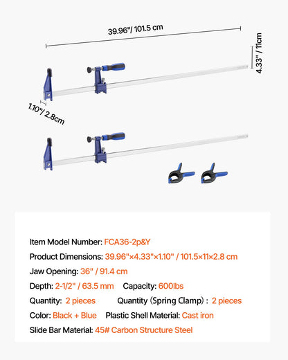Träklämmor, 2-pack, 91,4 cm öppning, låsbar F-klämma med 272 kg lastgräns, 63,5 mm djup, gjutjärn och kolstål, lättanvända, träklämmor för träbearbetning, metallbearbetning
