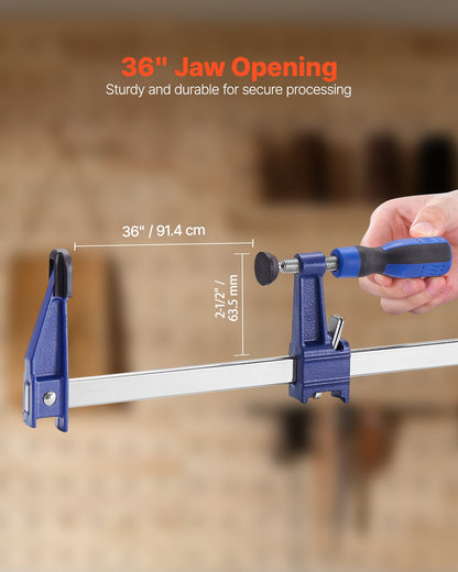 Bar Clamps for Woodworking, 4-Pack 91.4 cm Opening, Lockable F-Clamp with 272 kg Load Limit, 63.5 mm Depth, Cast Iron and Carbon Steel, Easy to Use, Wood Clamps for Woodworking Metal Working