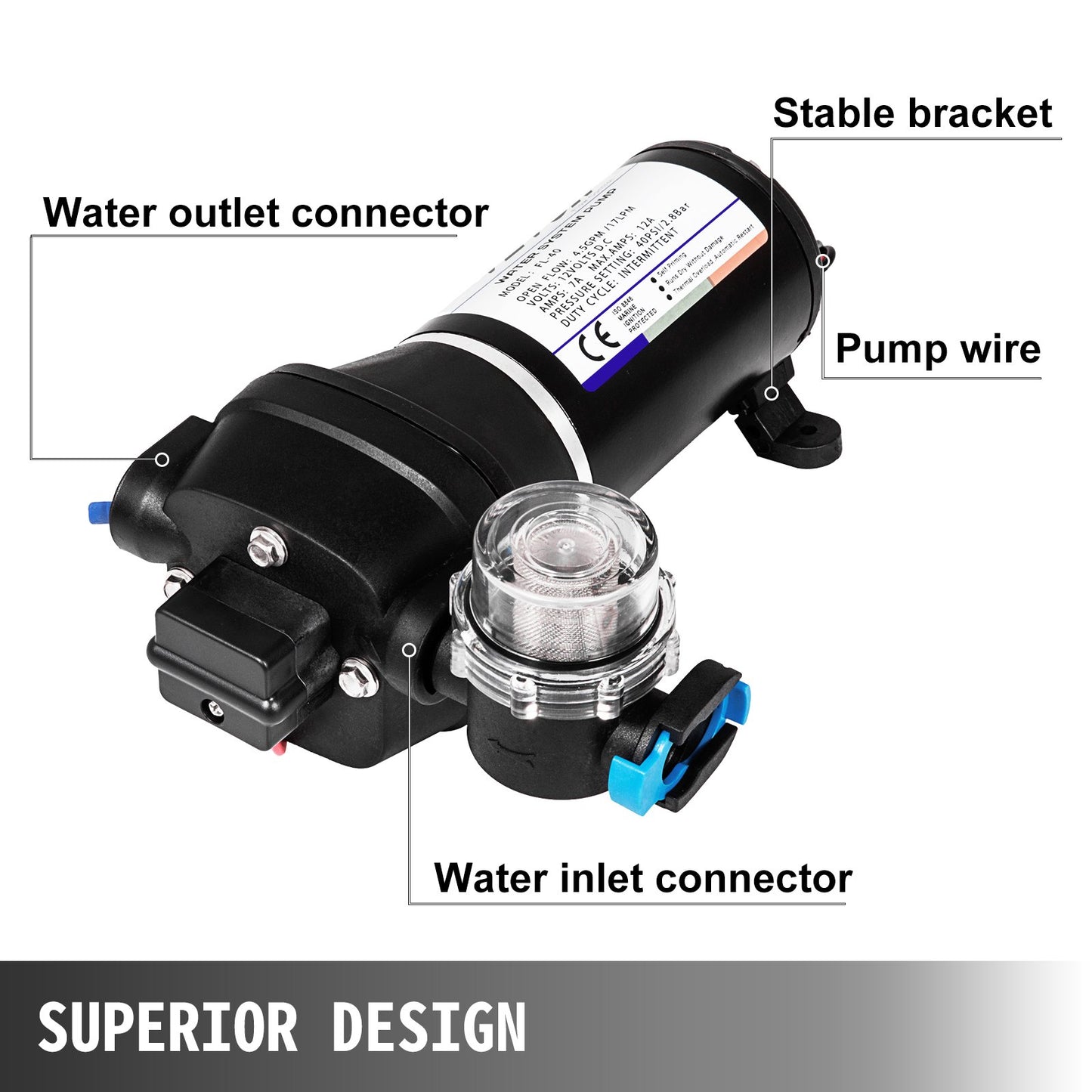 Vattentrycksmembranpump, 12V FL-40 högtrycksmembranvattenpump, 2,7 bar (40PSI) automatisk självsugande vattenpump, 17L/MIN dimsprutningsmembranpump för husvagn, båt, husbil, trädgård