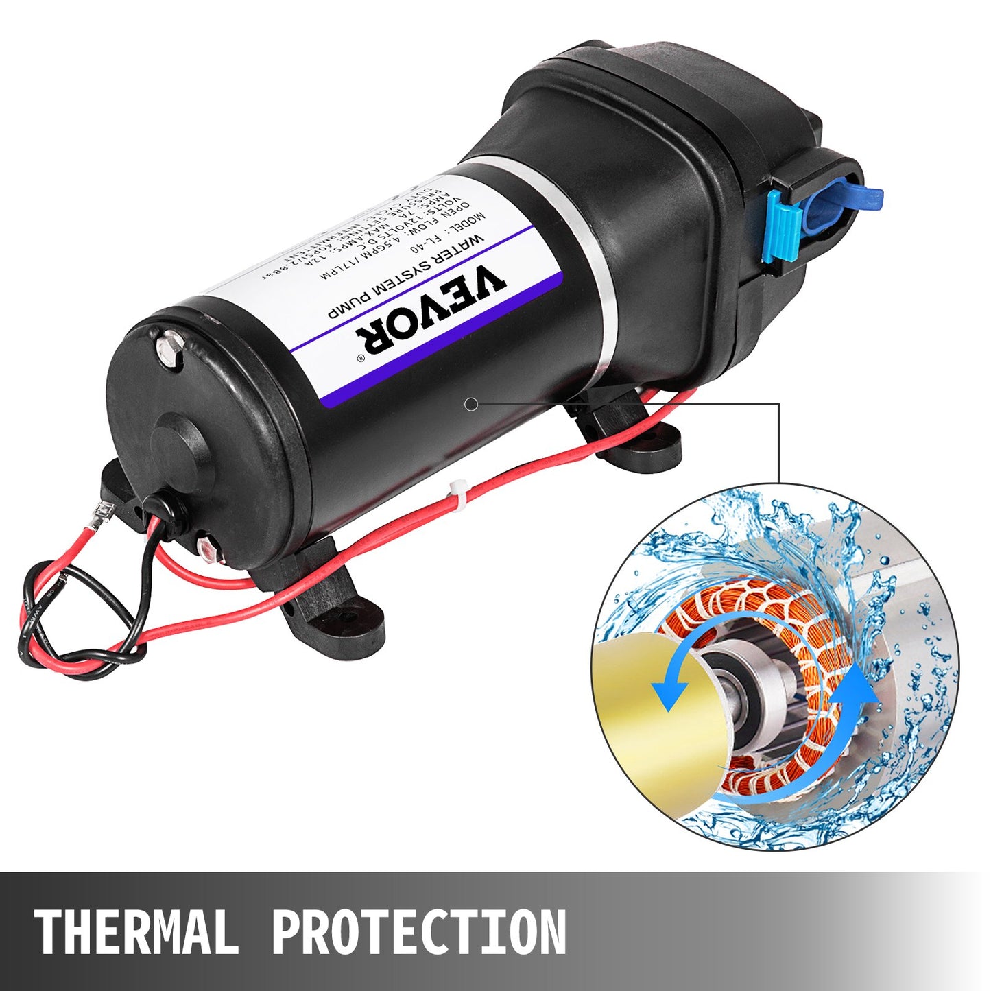 Vattentrycksmembranpump, 12V FL-40 högtrycksmembranvattenpump, 2,7 bar (40PSI) automatisk självsugande vattenpump, 17L/MIN dimsprutningsmembranpump för husvagn, båt, husbil, trädgård