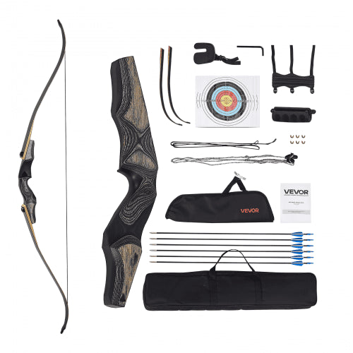 Recurvebåge och pilar-kit, 60 tums träbågar för takedown, ergonomiskt recurvebågspaket för högerhänt bågskytte, långbåge för utomhusträning, jakt, nybörjare till avancerad, 13,6 kg