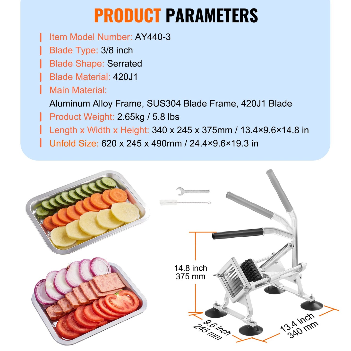Kommersiell grönsaksskärare, 3/8 tums fruktskärare, grönsaksskärare i rostfritt stål och aluminiumlegering, manuell skivare med halkfria fötter, för rädisor, lök, potatis, citroner