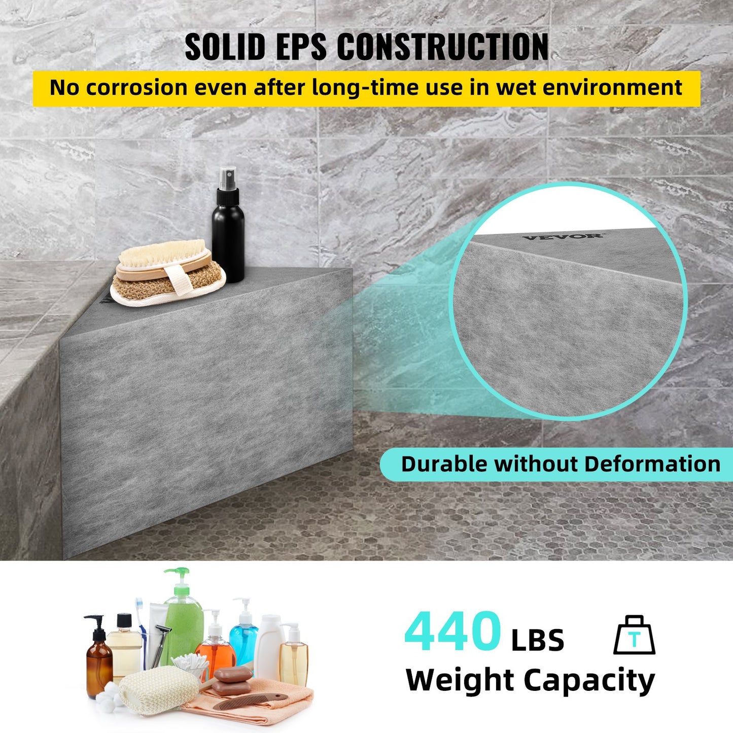 Kakelmonterad duschsits, 62,5 x 40 x 50 cm, färdig att kaklas, fabriksvattentät och 100 % läckagesäker, kakelbar hörnsits för dusch, 180 kg bärande triangulär duschbänk