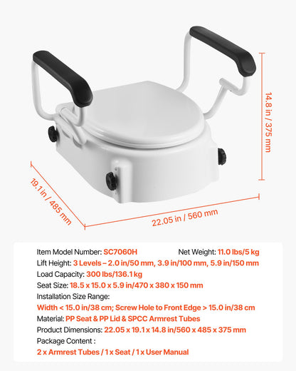 Raised Toilet Seat with Arms, 136.1 kg Load Capacity, 3-Level Adjustable Height, Widened Commode Elevated Toilet Seat Riser with Padded Handles for Seniors, Elderly, Handicap, Disabled, Adults