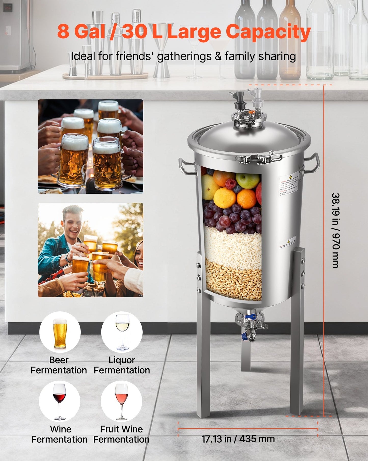 Stainless Steel Conical Fermenter, 8 Gal/30L Home Brewing Fermenation Tank, Brew Bucket Fermentor with Conical Bottom, 3 Adjustable Legs, Lid, Handle & Thermometer, for Wine, Beer Fermentation