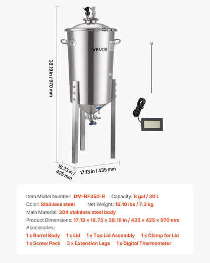 Stainless Steel Conical Fermenter, 8 Gal/30L Home Brewing Fermenation Tank, Brew Bucket Fermentor with Conical Bottom, 3 Adjustable Legs, Lid, Handle & Thermometer, for Wine, Beer Fermentation