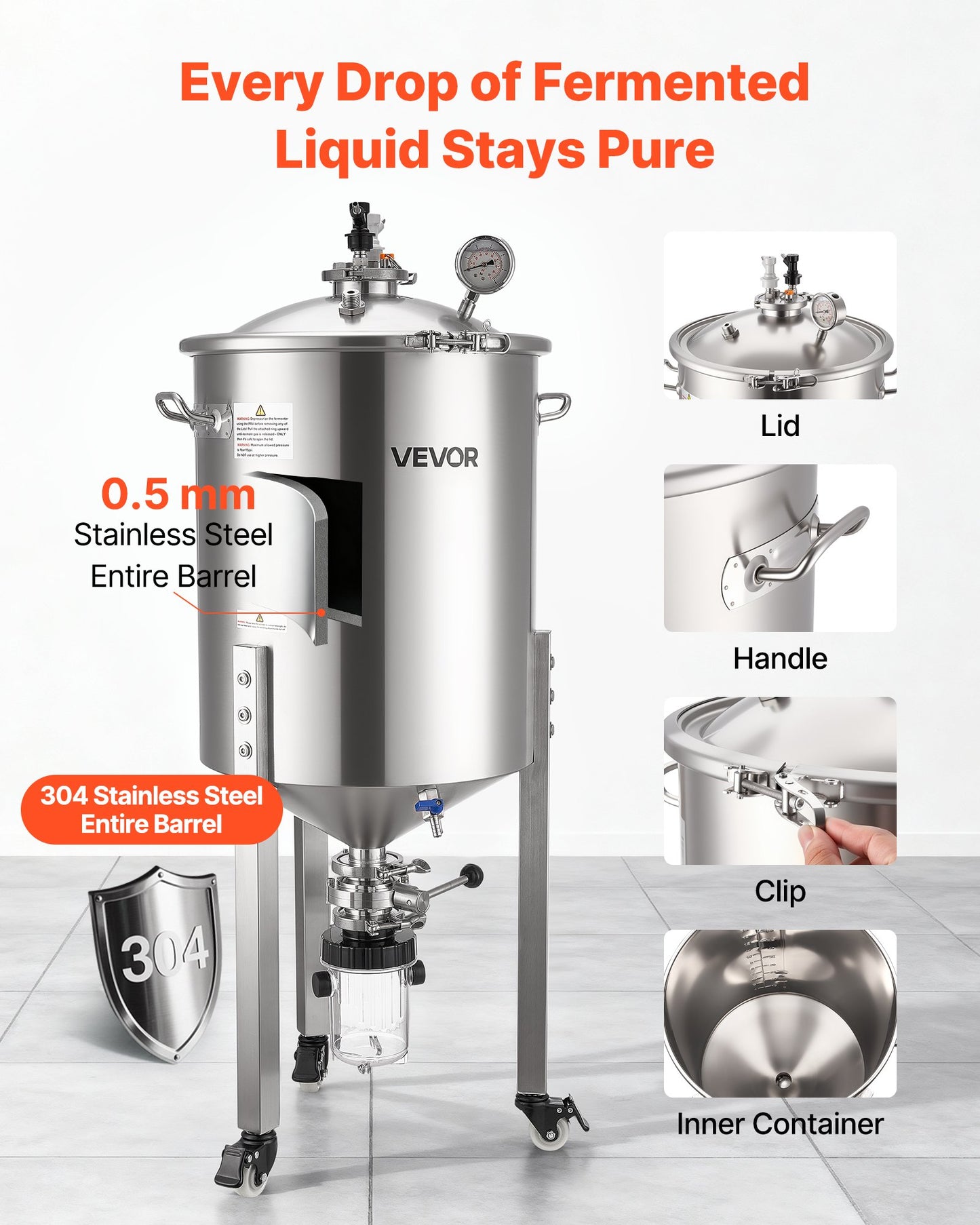 Stainless Steel Conical Fermenter, 16 Gal/60L Home Brewing Fermenation Tank, Brew Bucket Fermentor with Conical Bottom, 3 Caster Wheels, Lid, Handle & Thermometer, for Wine, Beer Fermentation