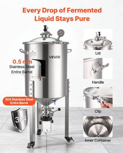 Stainless Steel Conical Fermenter, 16 Gal/60L Home Brewing Fermenation Tank, Brew Bucket Fermentor with Conical Bottom, 3 Caster Wheels, Lid, Handle & Thermometer, for Wine, Beer Fermentation