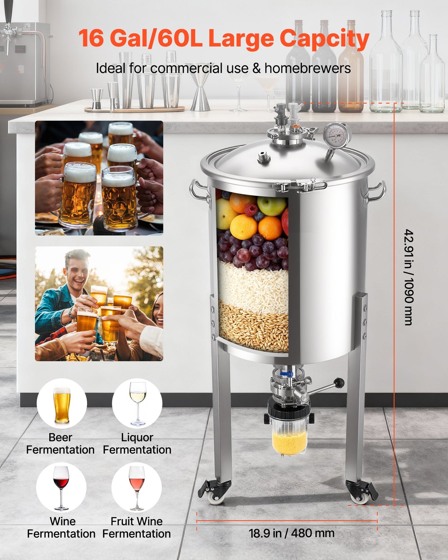 Stainless Steel Conical Fermenter, 16 Gal/60L Home Brewing Fermenation Tank, Brew Bucket Fermentor with Conical Bottom, 3 Caster Wheels, Lid, Handle & Thermometer, for Wine, Beer Fermentation